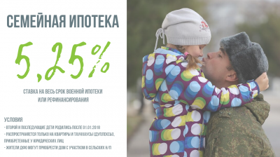 Сообщается о возможности оформления семейной военной ипотеки и рефинансирования по ставке от 5%